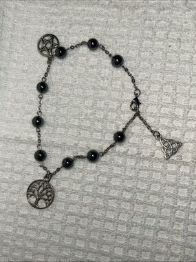 Agate Bead Anklet W/Silver Pentagram, Tree of Life & Celtic Knot Charms